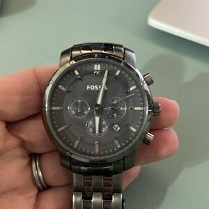 Men’s Fossil Other-Me silver stainless steel quartz watch, used